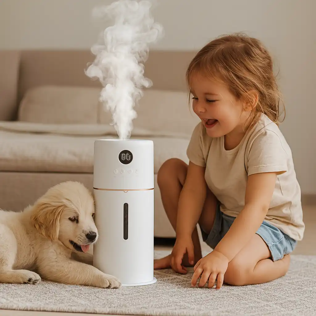 Humidifier placed on the floor of a bedroom